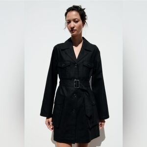 Zara Black Belted Utility Linen Trench Coat - Women
